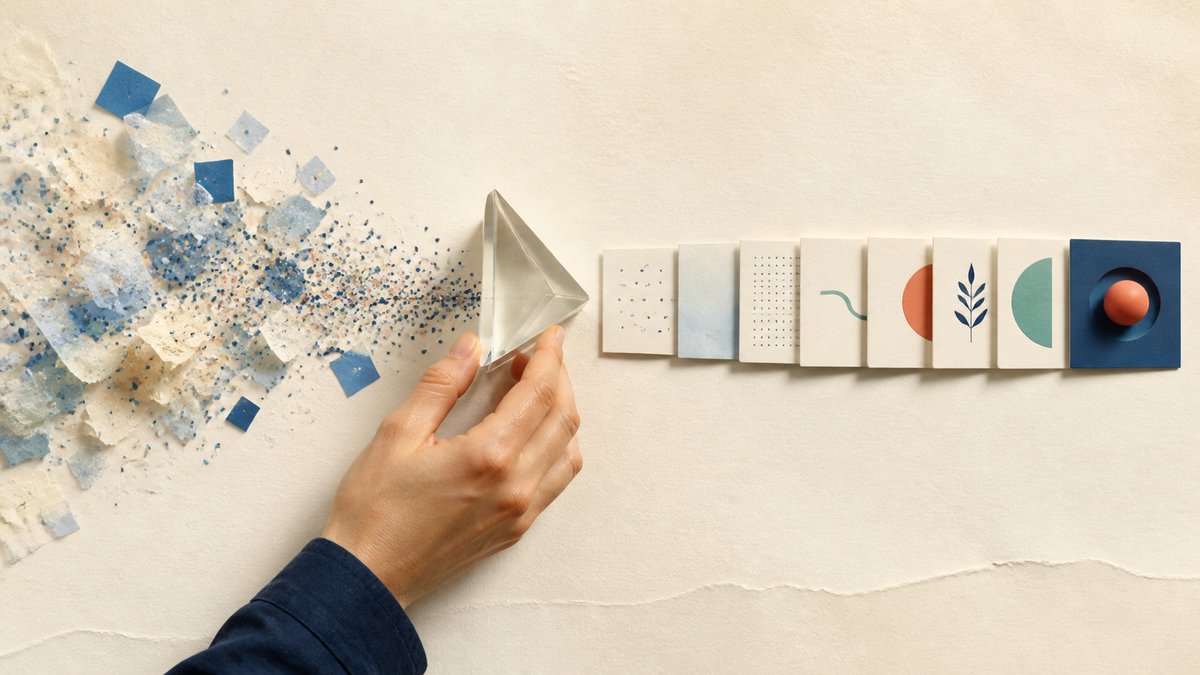 A hand filters a cloud of data through a prism, turning it into structured steps that lead to a decision.