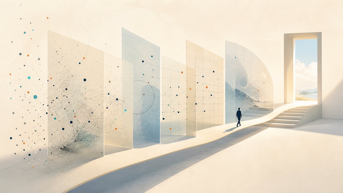 A person moves through increasingly structured data panels toward a bright opening.